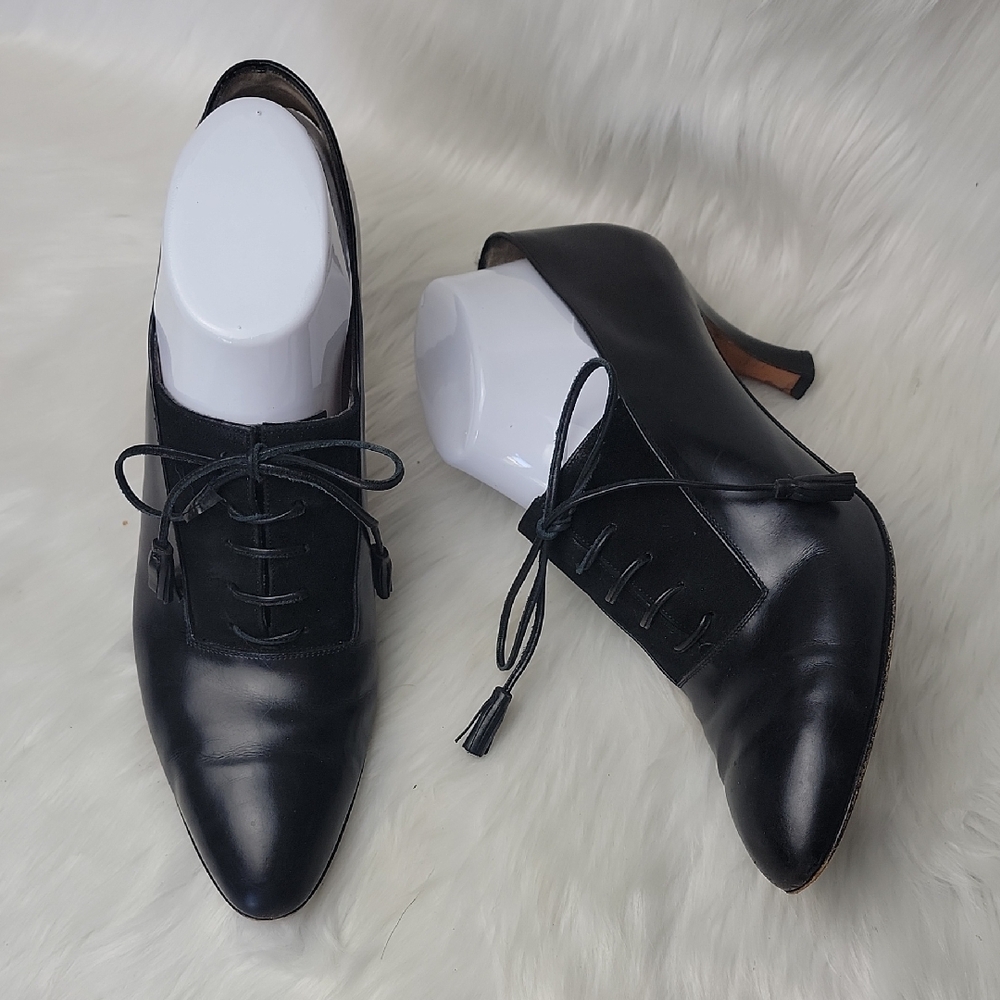 SALVATORE FERRAGAMO Black Luxury Victorian Lace Up Leather Suede‎ VTG Heels 10AA
